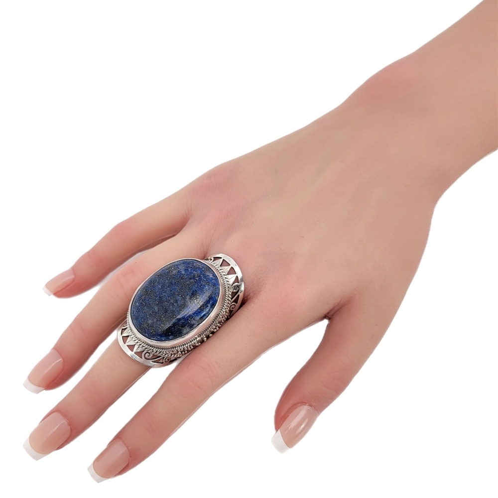 Vintage Lapis Lazuli Oversized Sterling Silver Statement Ring Size 10.5